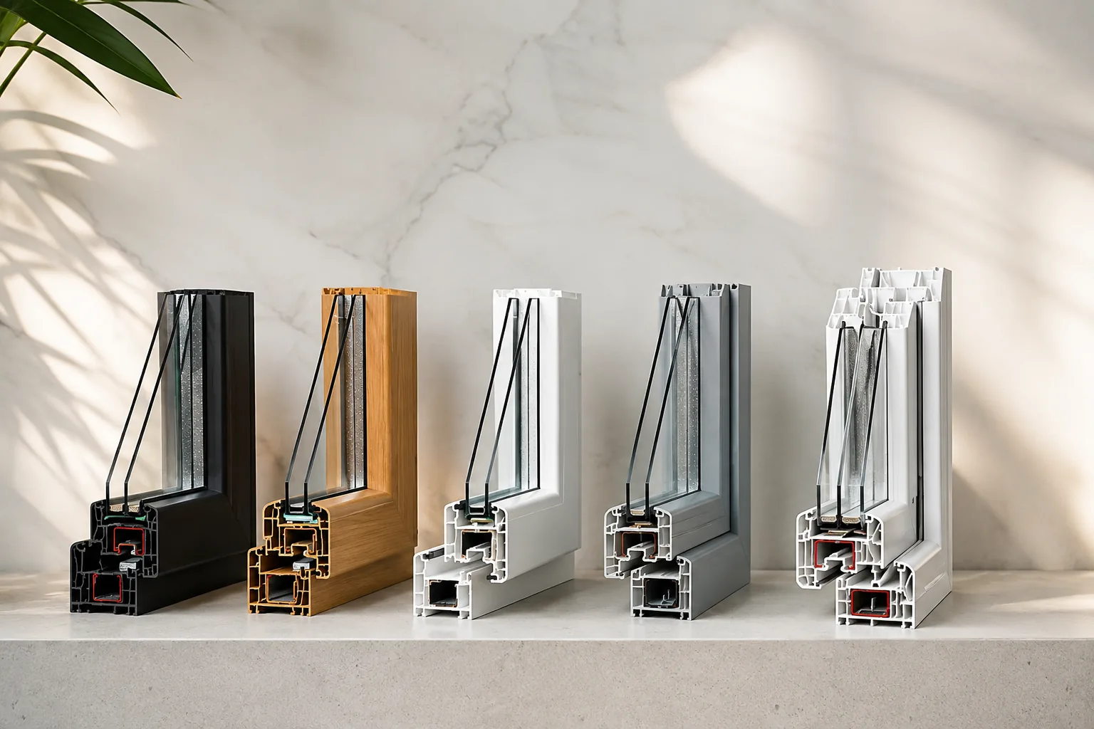 Cut-away sections of SONO acoustic window frames in five finishes, each showing the thermal break and double glazing