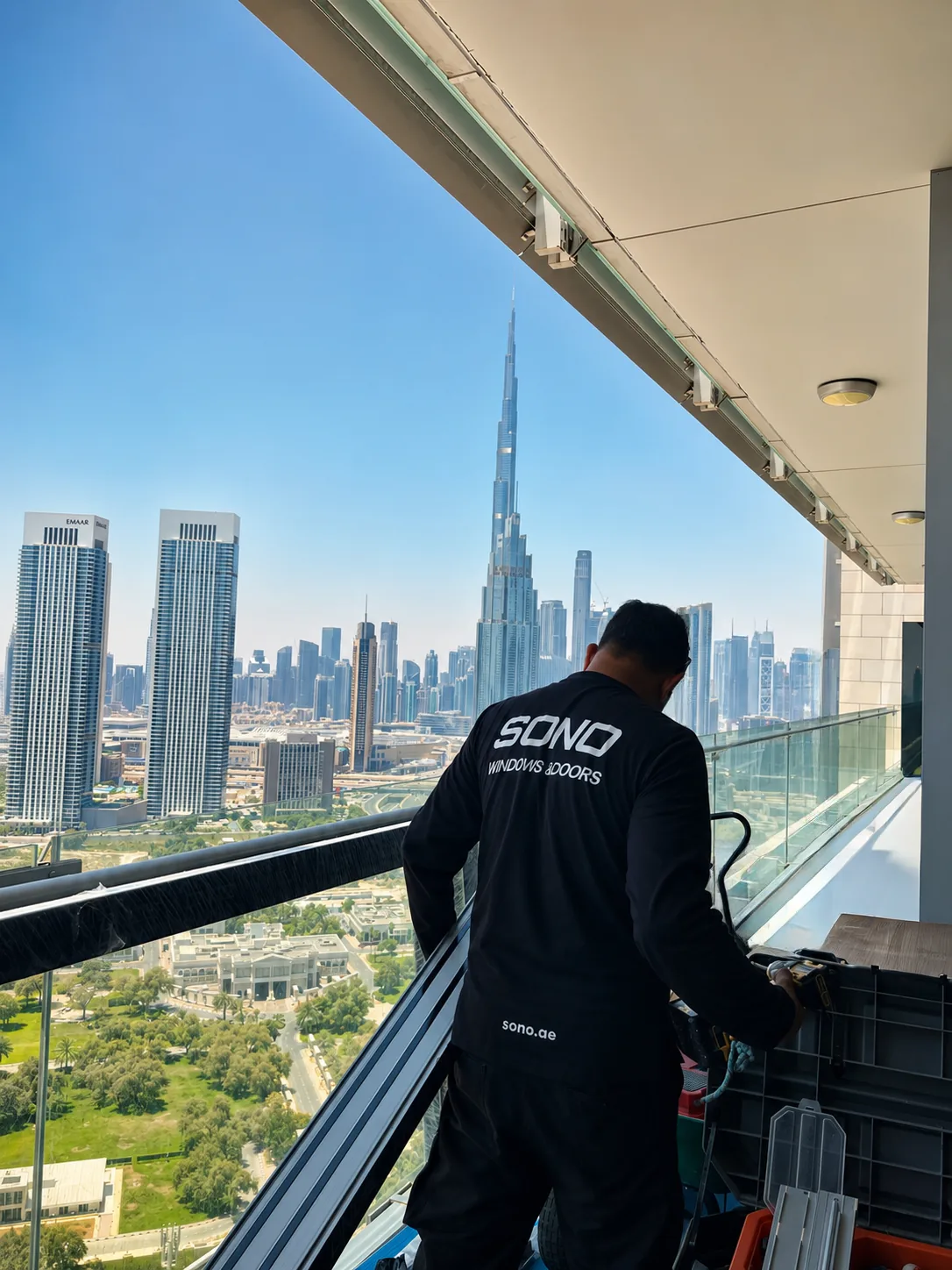 A SONO installer fitting a balcony system high above the Downtown Dubai skyline