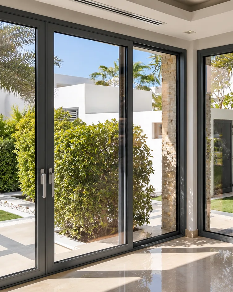 Sliding doors opening onto a planted courtyard in a Dubai villa