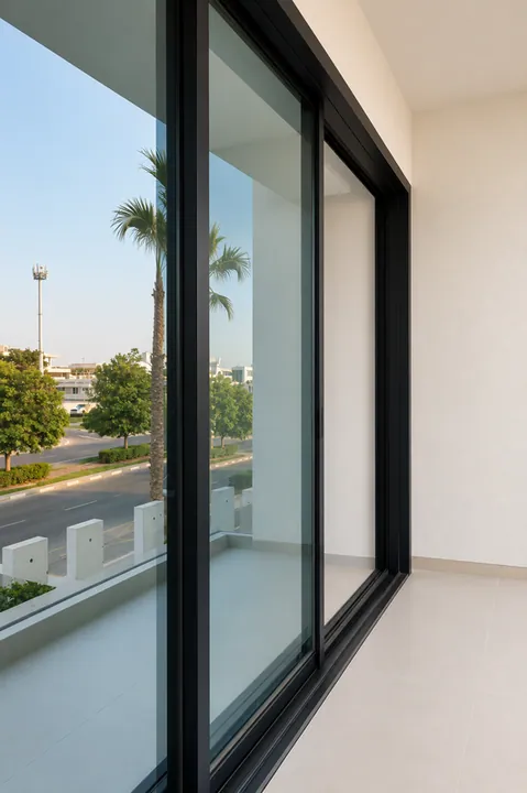 Slim black-framed sliding door on the balcony, Al Wasl villa