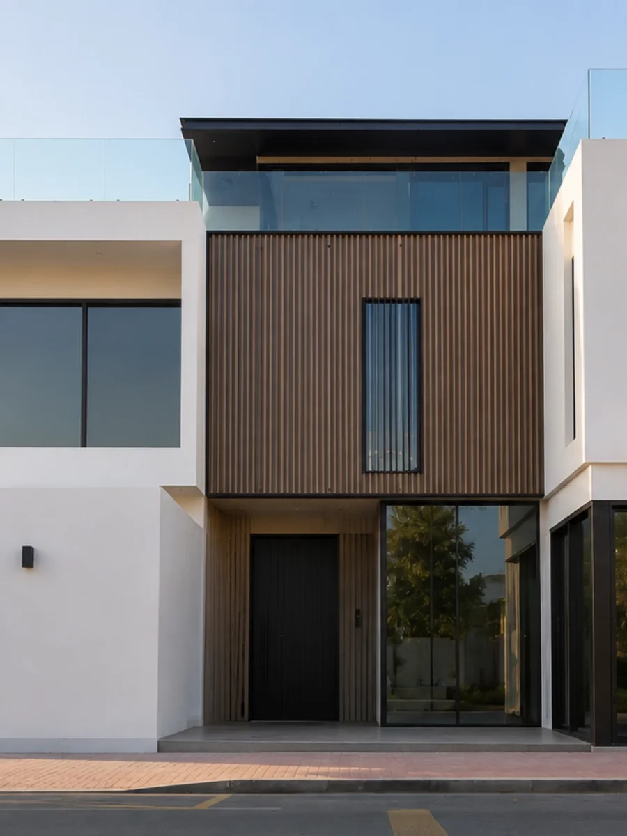Al Wasl villa facade in timber-slat cladding with a black pivot entrance door