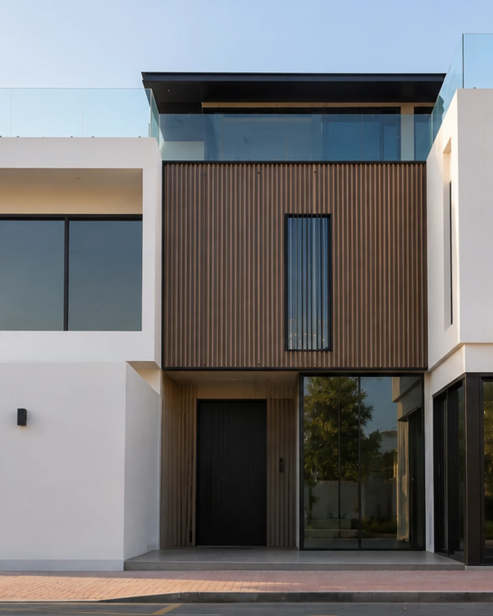 Al Wasl villa facade in timber-slat cladding with a black pivot entrance door
