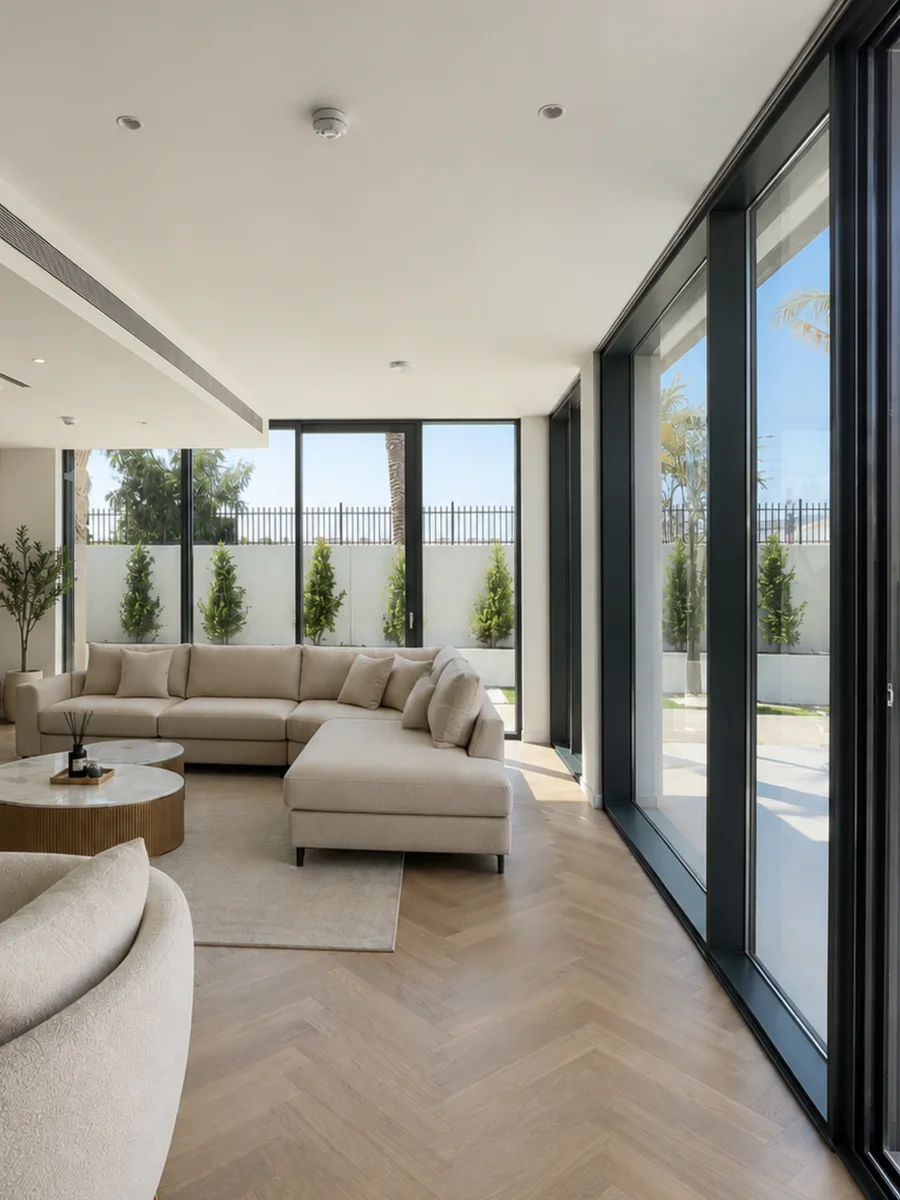 Living room with floor-to-ceiling glazing, Arabian Ranches villa