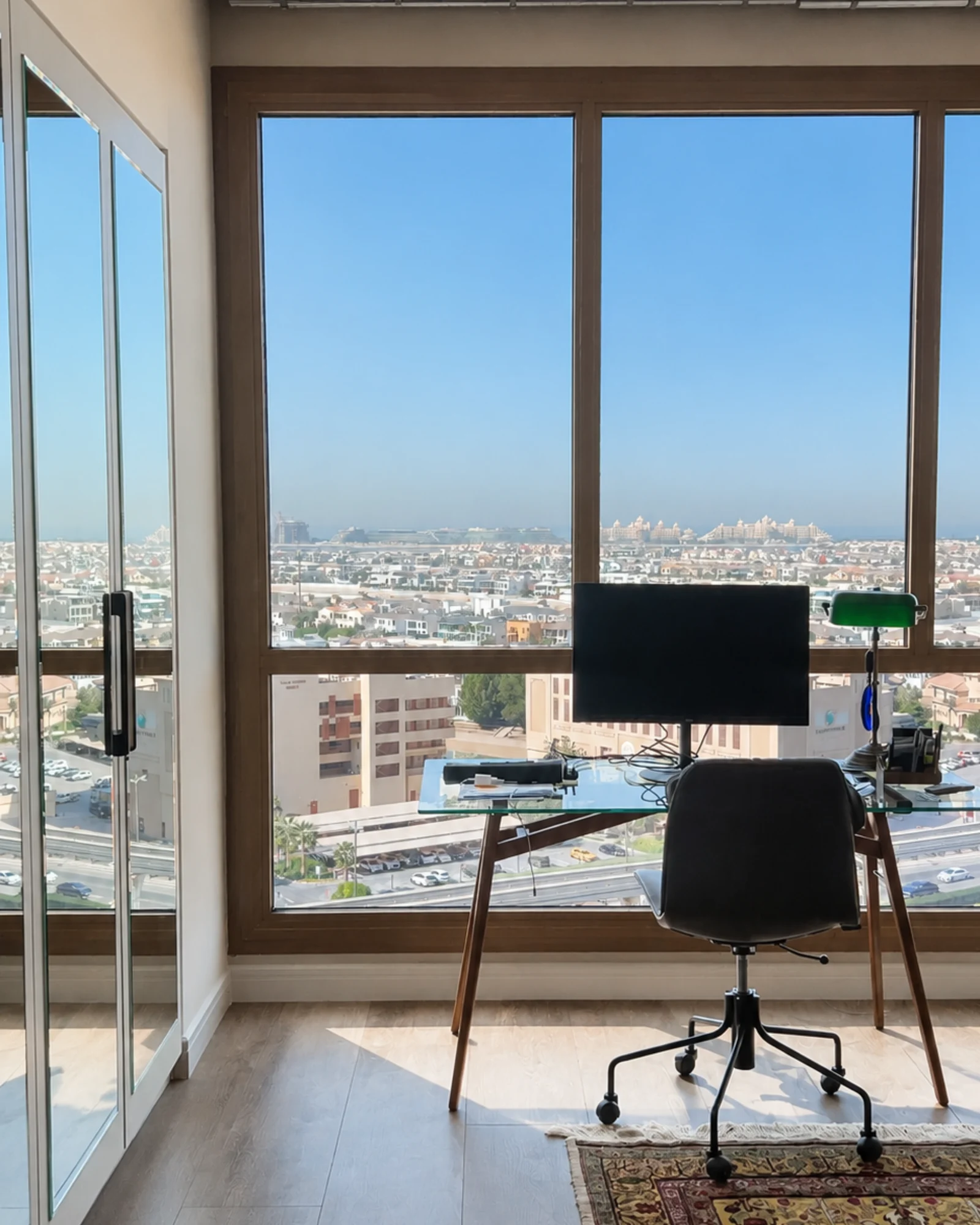 Home office with full-height glazing over Palm Jumeirah, Marina Residence 4