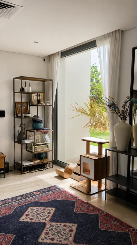 Sliding door onto the garden beside open shelving, Yas Acres villa